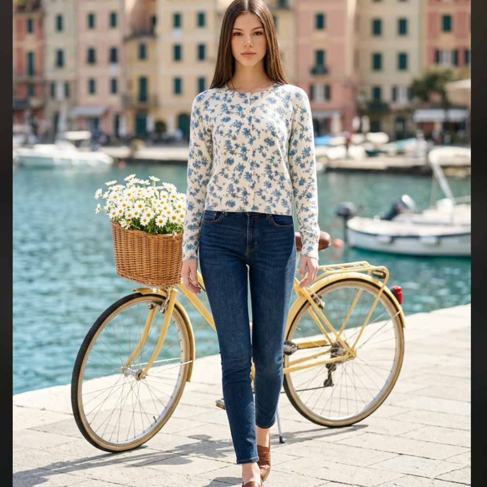 Joie Floral Cashmere Cardigan Sweater Size M